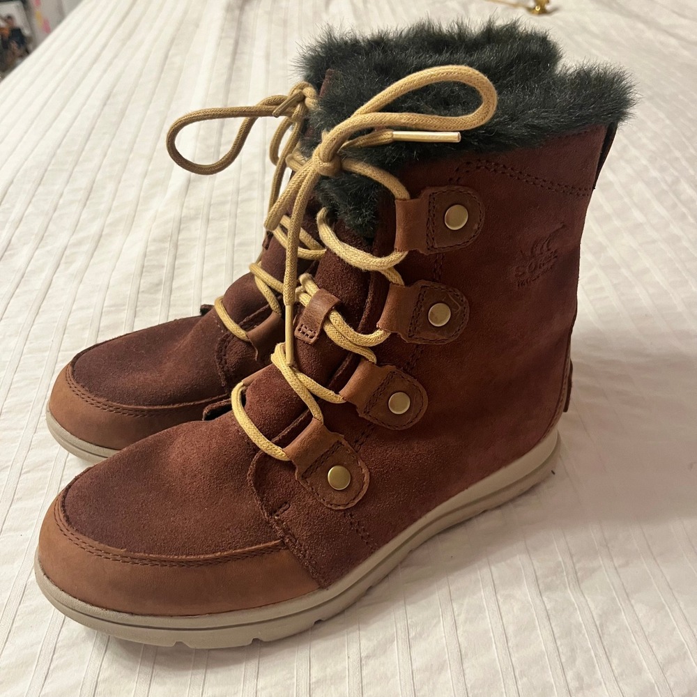 Sorel Explorer Joan Waterproof Suede Faux Fur‎ Winter Boots Elk Brown NL3039-282